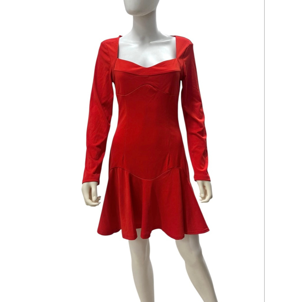 ChicMe Red Long Sleeve Sweetheart Neck Dress Medium